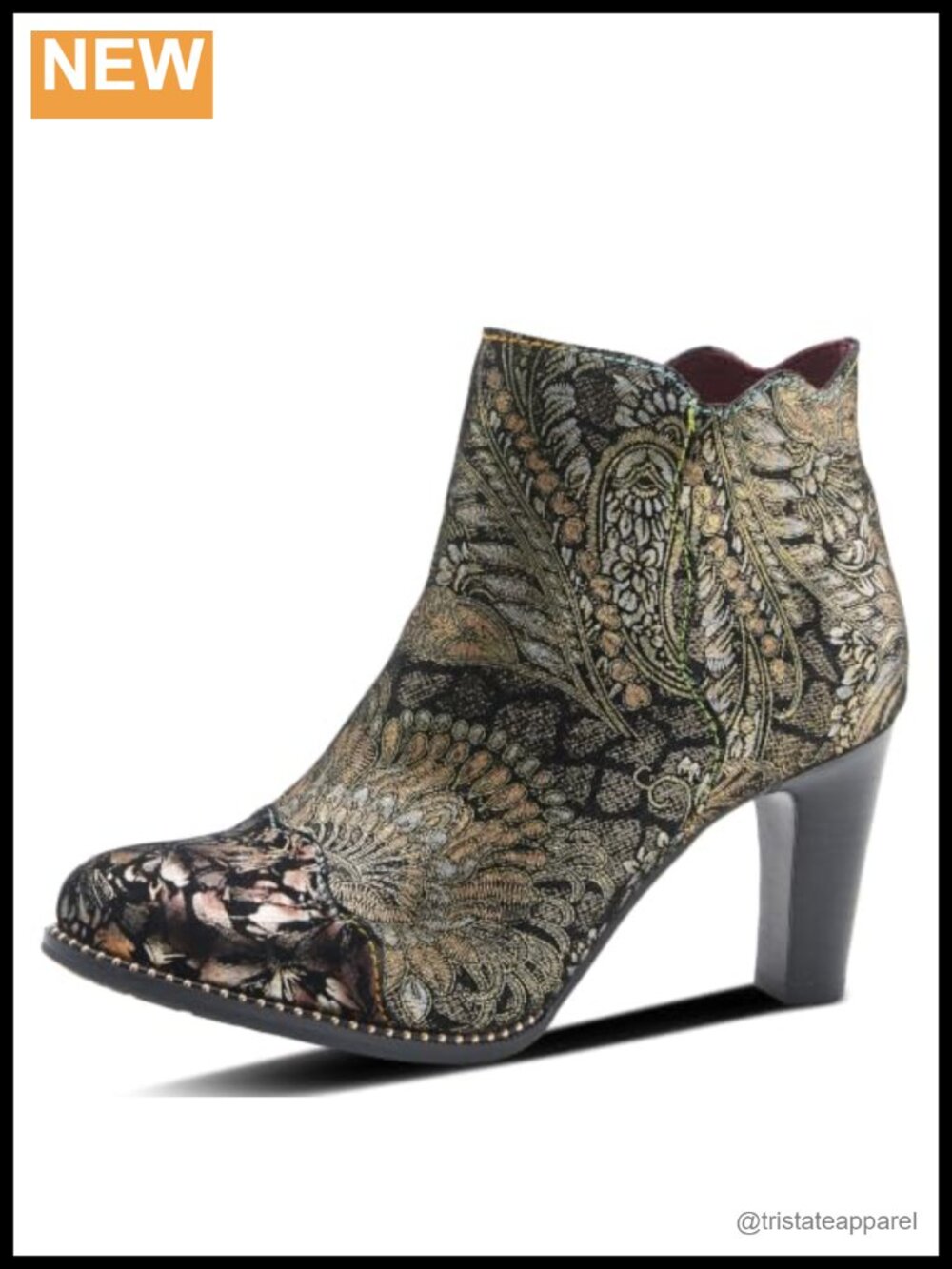Women's Ankle Bootie with Leather Upper, Zipper Closure & Floral Embroidery